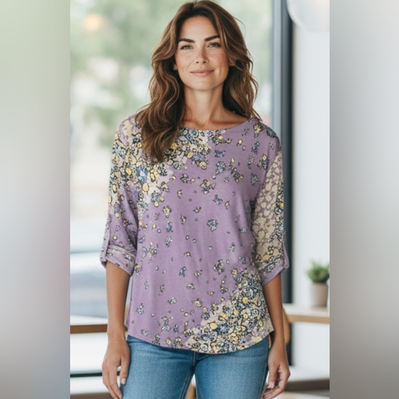 Karen Scott Pastel Floral Top - Yellow, Blue, Purple - Picture 1 of 4